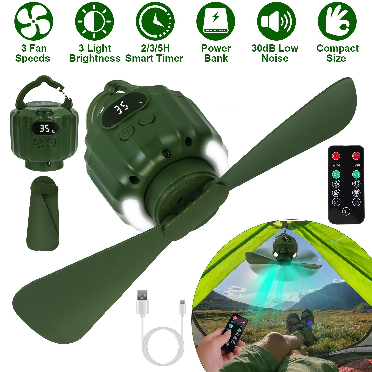 Outdoor Power Timer - 5200mAh 10400mAh 3-in-1 Camping Fan LED
